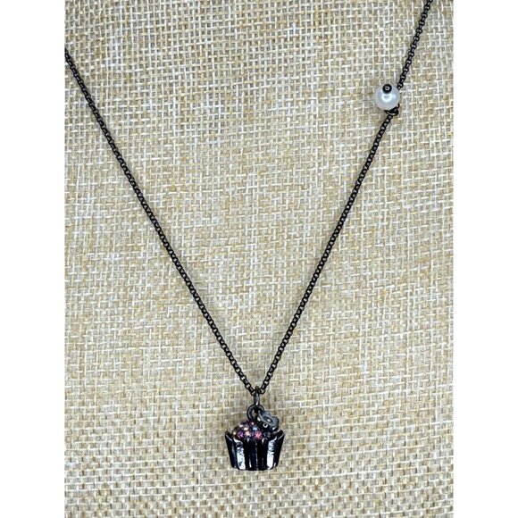 Betsey Johnson Rhinestone Cupcake Pendant Necklace With Pearl & Heart Accents - Picture 1 of 12